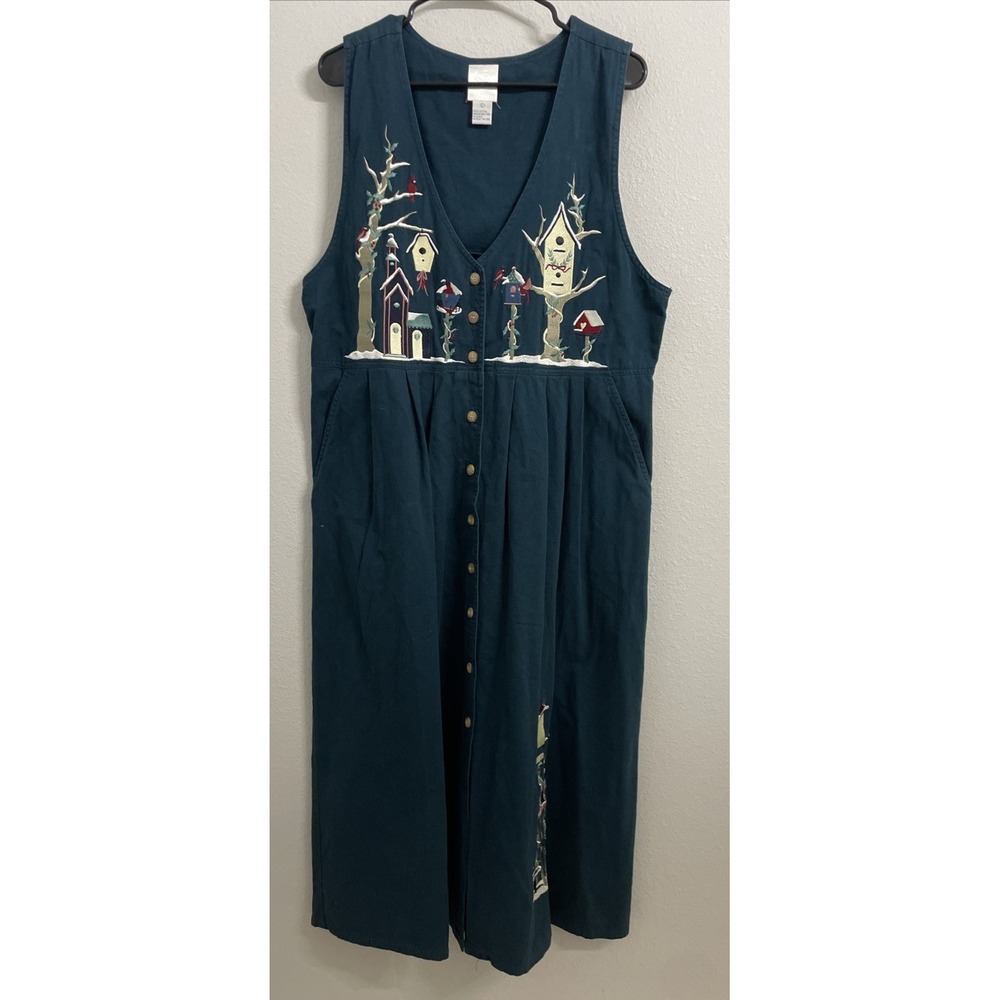 Vtg Christopher & Banks Women's‎ Large Jumper Maxi Dress Winter Birdhouses